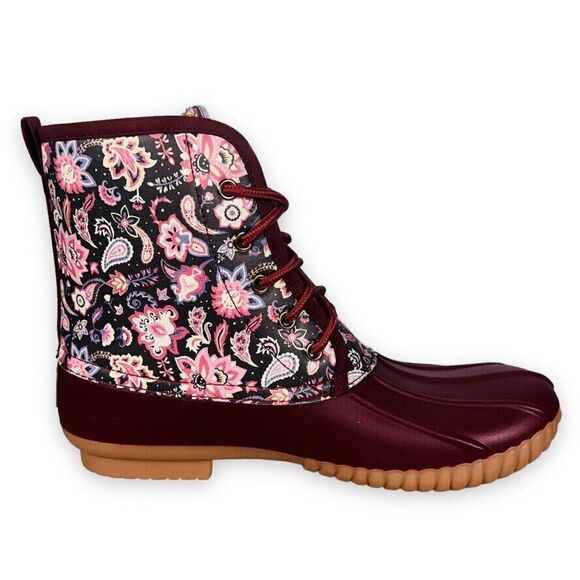 Simply Southern Paisley Floral Lace-up Duck Boots Wine / Multicolor Women's 9 - Picture 7 of 12